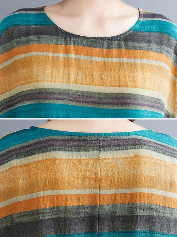 Vintage Striped Split-Joint Round-Neck Dress