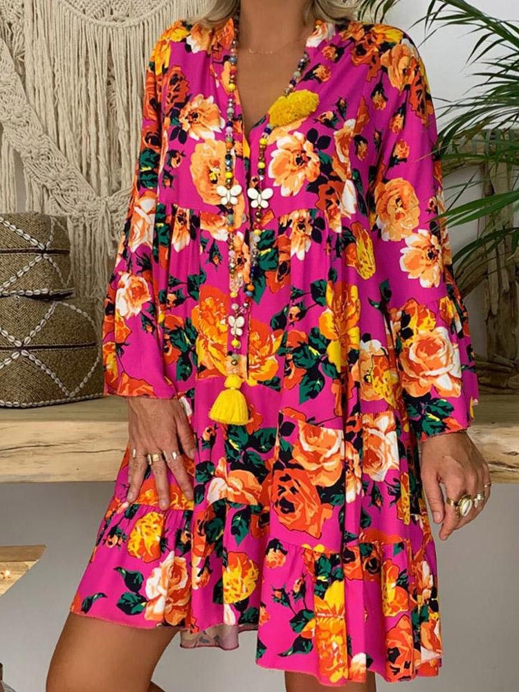 Women's V-Neck Casual Printed Loose Long Sleeve Dress-Pink-Mayoulove