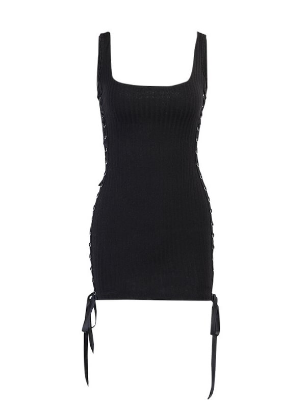Basic Black Lace Up Square Collar Spaghetti Straps Bodycon Dress