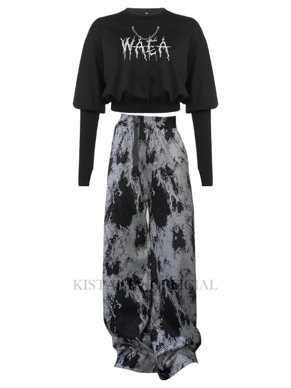 Letter-printed Chain-trimmed Midriff Sweatshirt + Dark Tie Dye High Rise Wide Leg Loose Pants 2 Pieces Sets