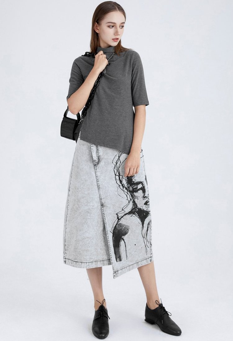 SDEER Abstract printed irregular stitched denim skirt