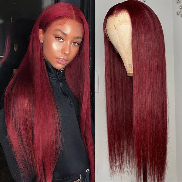 Swedish Ultra Thin Lace Wig丨14-38 Inches Burgundy Straight Hair丨13×4 HD Lace Front Wig