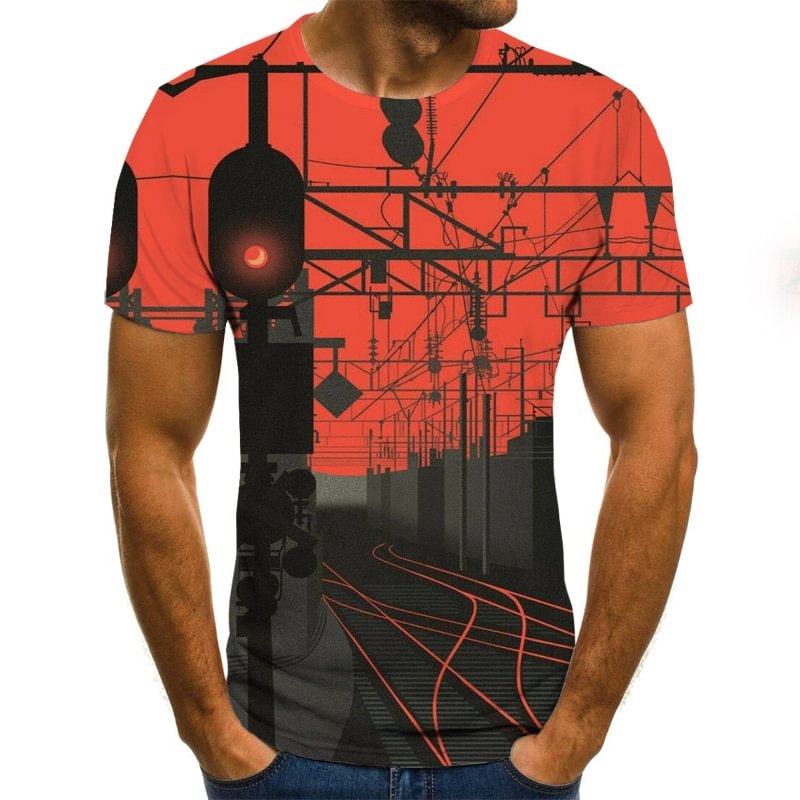 3D Station Track Pattern O-Neck Casual Short Sleeve Men's T-Shirts-VESSFUL