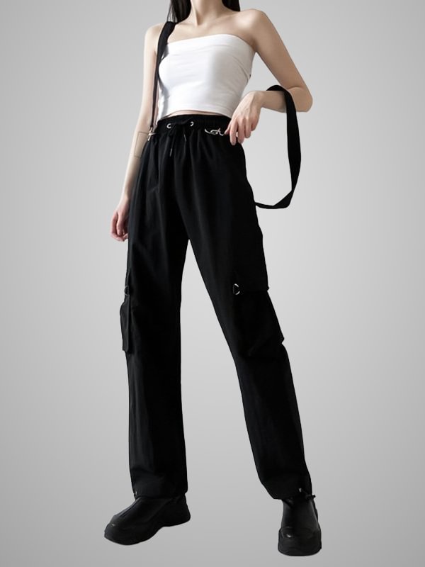 Gothic Dark Designed Street Fashion Pockets-trimmed Detachable Belt Loose Industrial Pants with Streamers