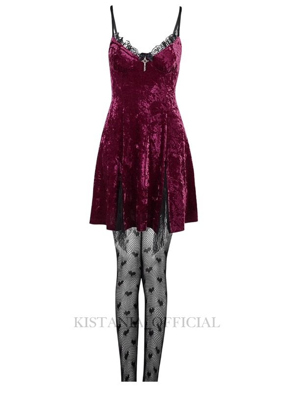 Dark Sexy Velvet Lace Cami Dress + Sexy Sweet Heart Pattern Party Fishnet Tights 2 Pieces Sets