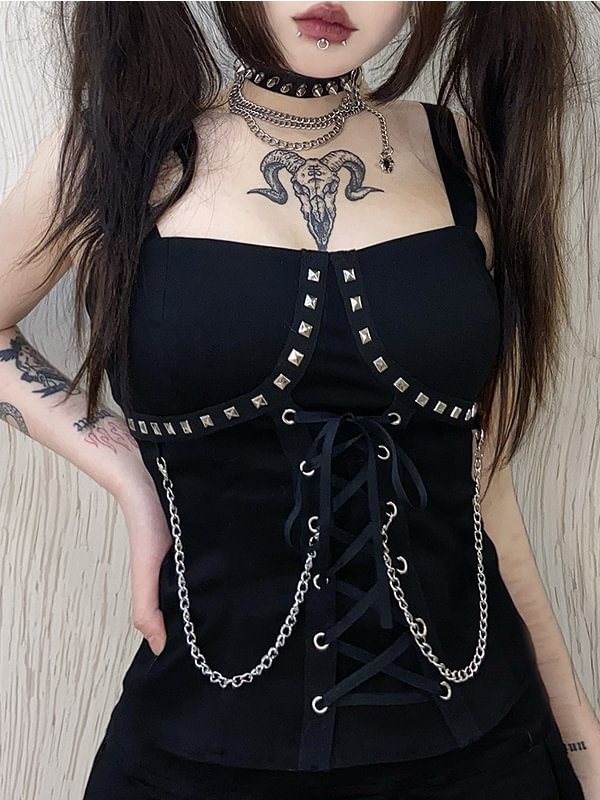 Dark Goth Cool Girl Chain-trimmed Rivets Spaghetti Straps Lace Up Top