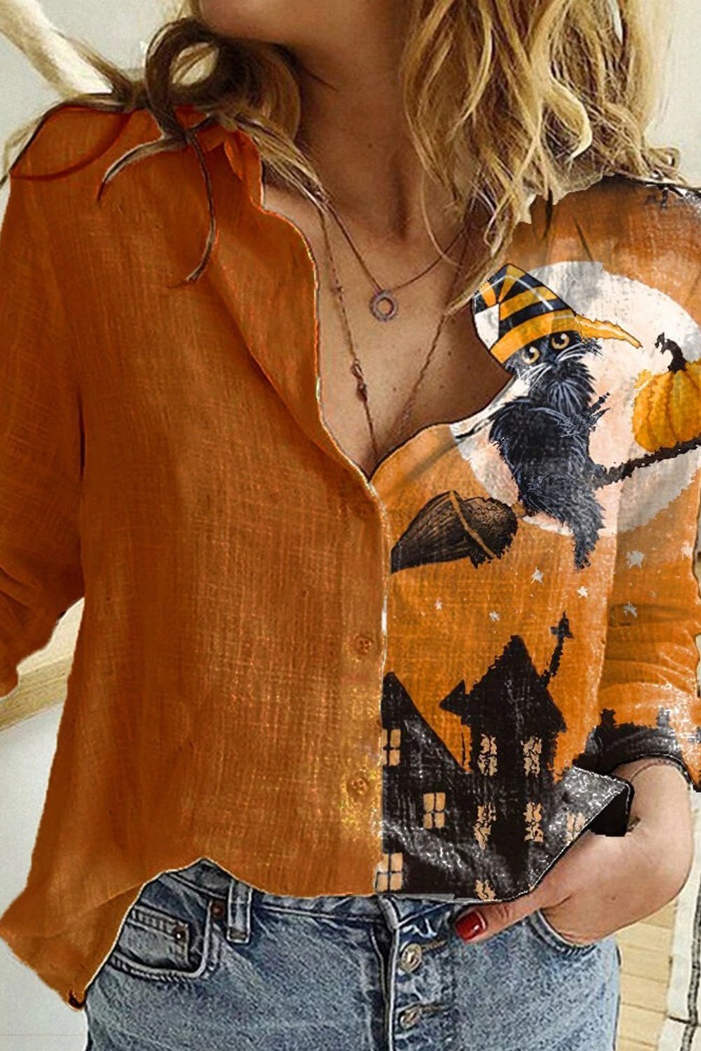 Women's Blouses Halloween Print Button-up Blouse