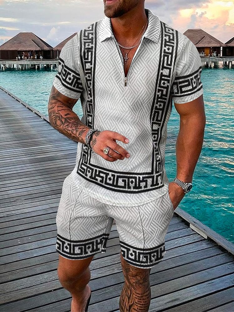Men's Holiday White Vintage Printed Polo Suit