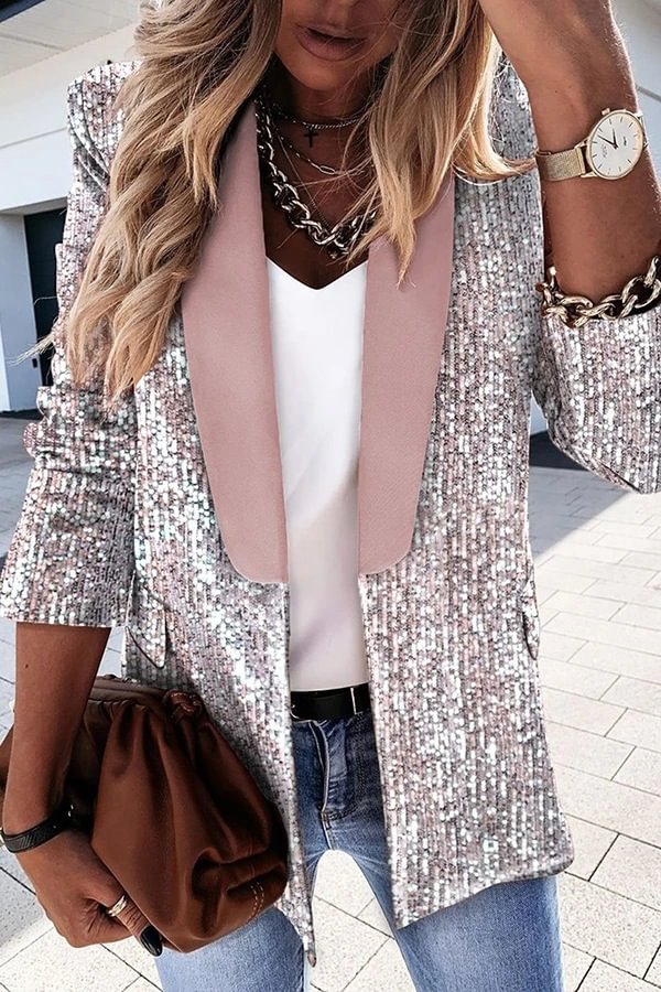 Long Sleeve Gorgeous Sequin Blazer Pink Sequin Top