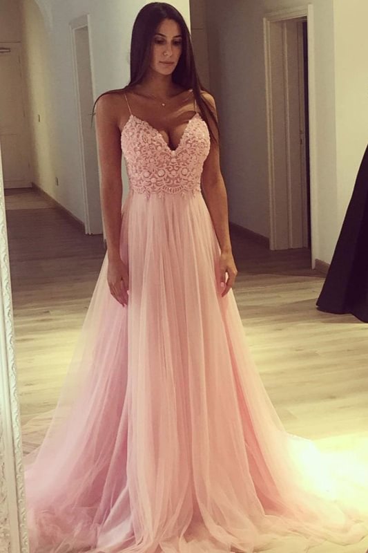 Luluslly Pink Spaghetti-Straps Long Evening Dress Lace Tulle Party Gowns