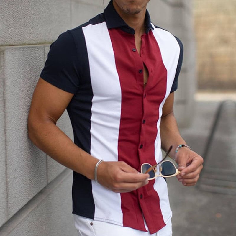Men's Striped Short Sleeve Casual Shirts Tops-VESSFUL