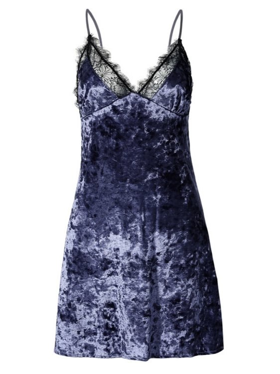 Velvet Lace Stitching Suspender Nightdress-Icossi