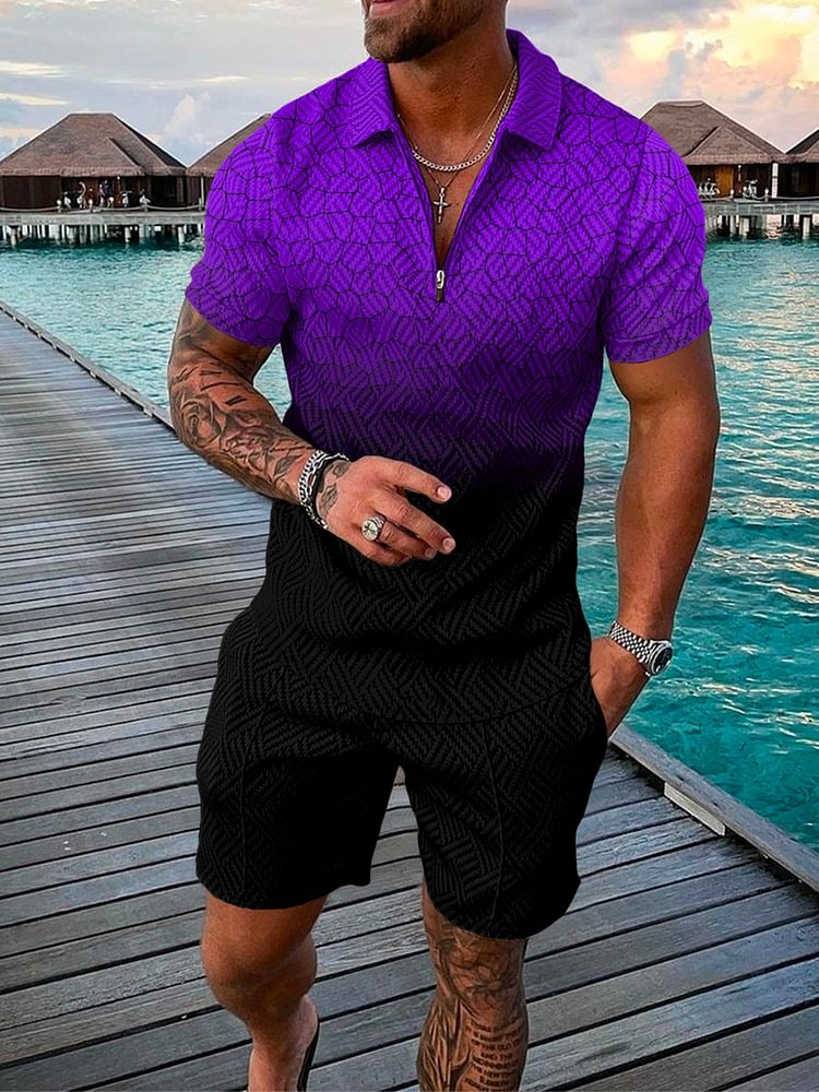 Men's Vacation Leisure Gradient Printing Polo Suit