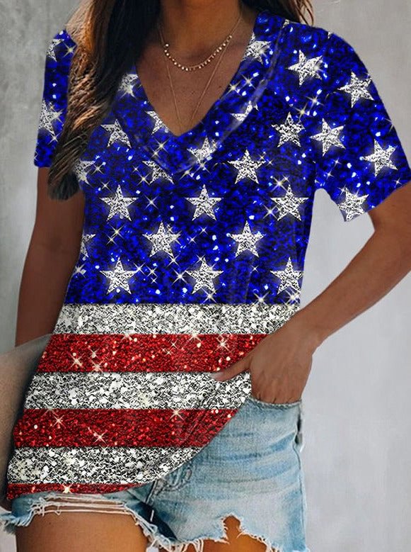 Casual Flag Sequin Print V-Neck T-Shirt