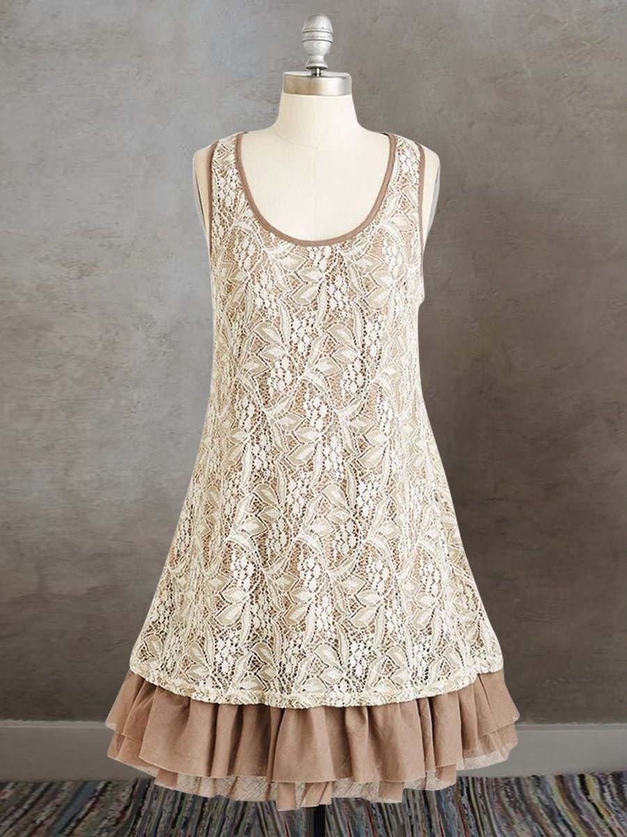 Women's Sleeveless Floral Lace Surface Ruffled Trim Casual Linen Dress