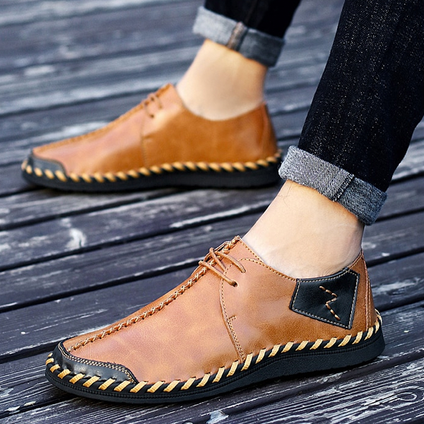 Men's Split Leather Lace Up Soft Comfortable Flats Shoes-Corachic