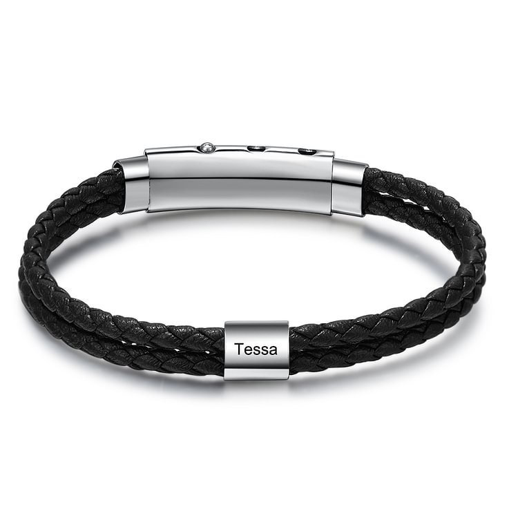 Personalized Men's Braid ID Bracelet Custom Name Charm Leather Bracelet for Men