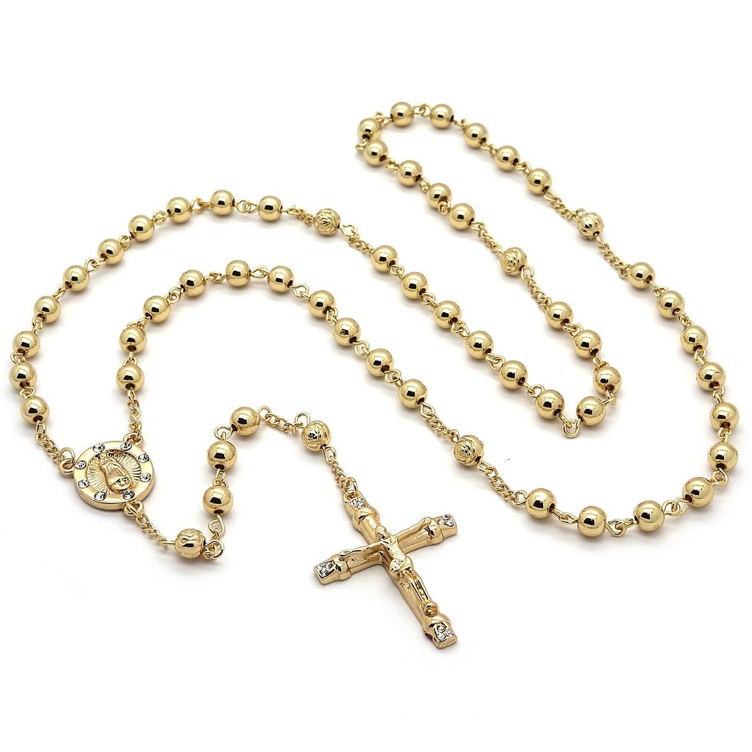 Gold Tone Crystal Beads Guadalupe Rosary & Cross Pendants-VESSFUL
