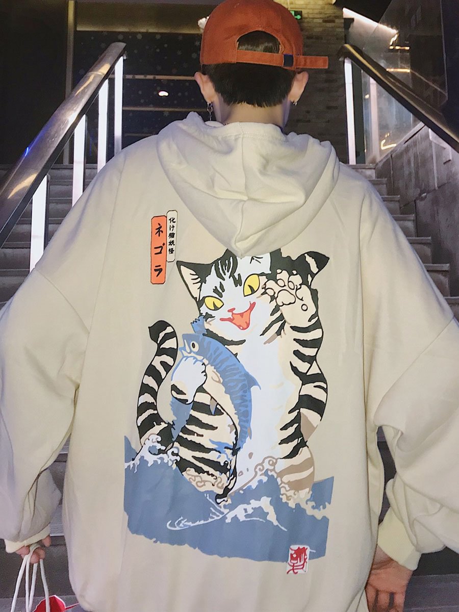 Cat And Fish Printed Sweater Hoodie / Techwear Club / Techwear