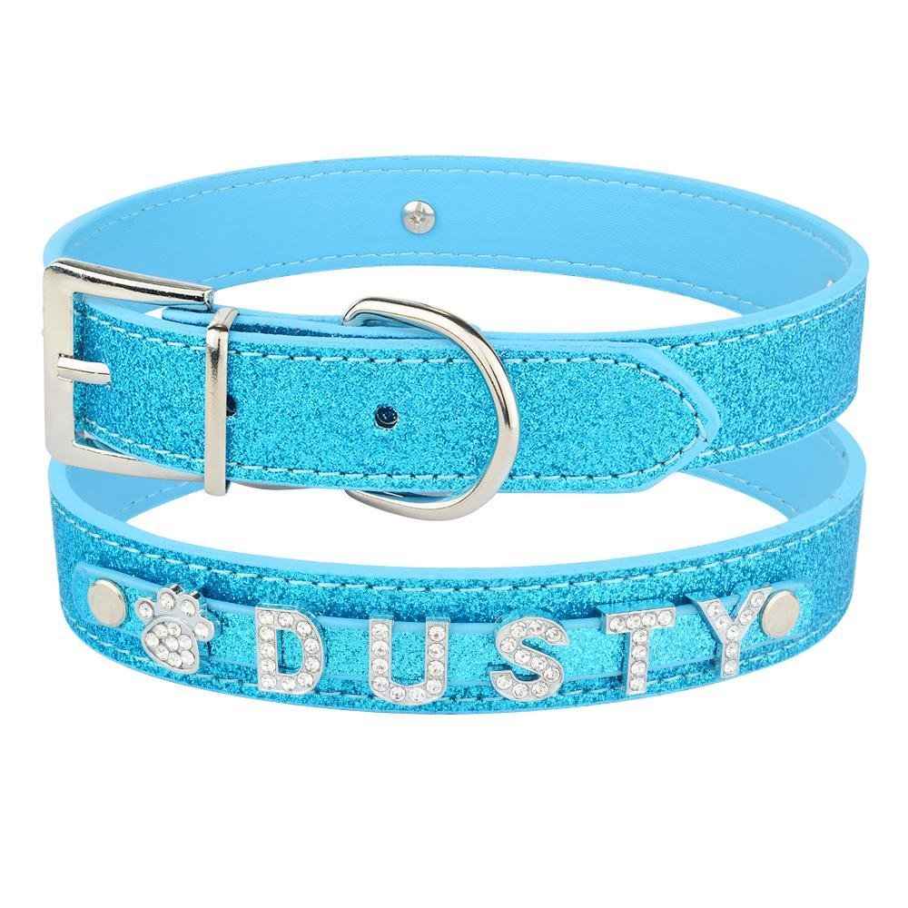 Personalized Dog Collar Leather Rhinestone Bling Custom Name Chain-VESSFUL