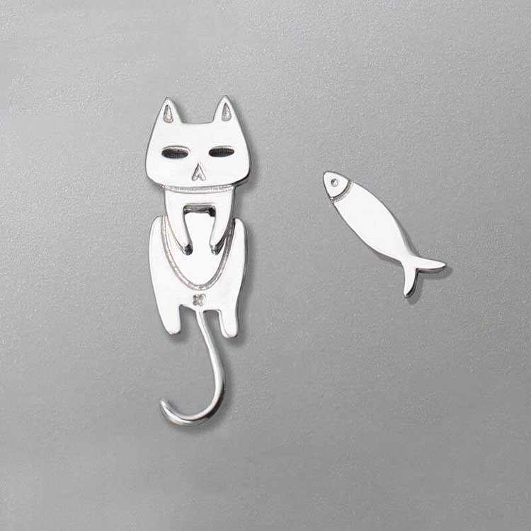 925 Sterling Silver One Cat One Fish BFF Matching Earrings-Mayoulove