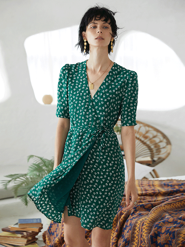 Green Flora Scattered Silk Dress