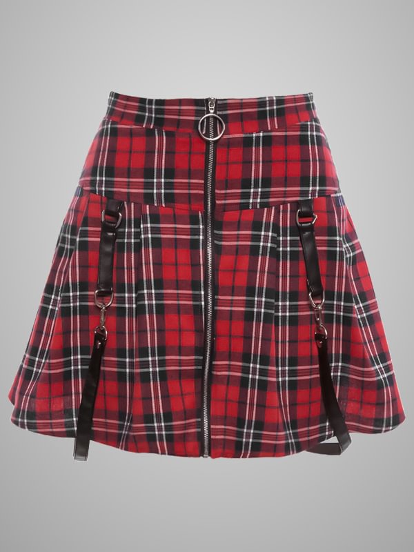Strappy Plaid Checkered Front Zipper Red Goth Skirts