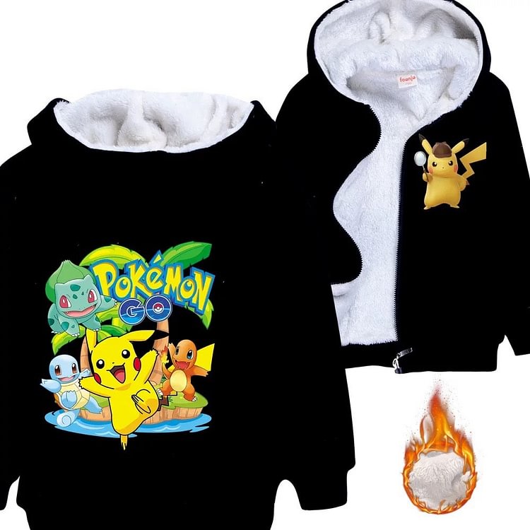 Mayoulove Pokemon Pikachu Sherpa Lined Hoodie Fleece Sweatshirt Full Zip Hooded Jacket for Kids-Mayoulove