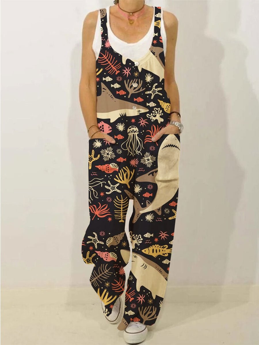 Casual Whale Printed Pockets Jumpsuit