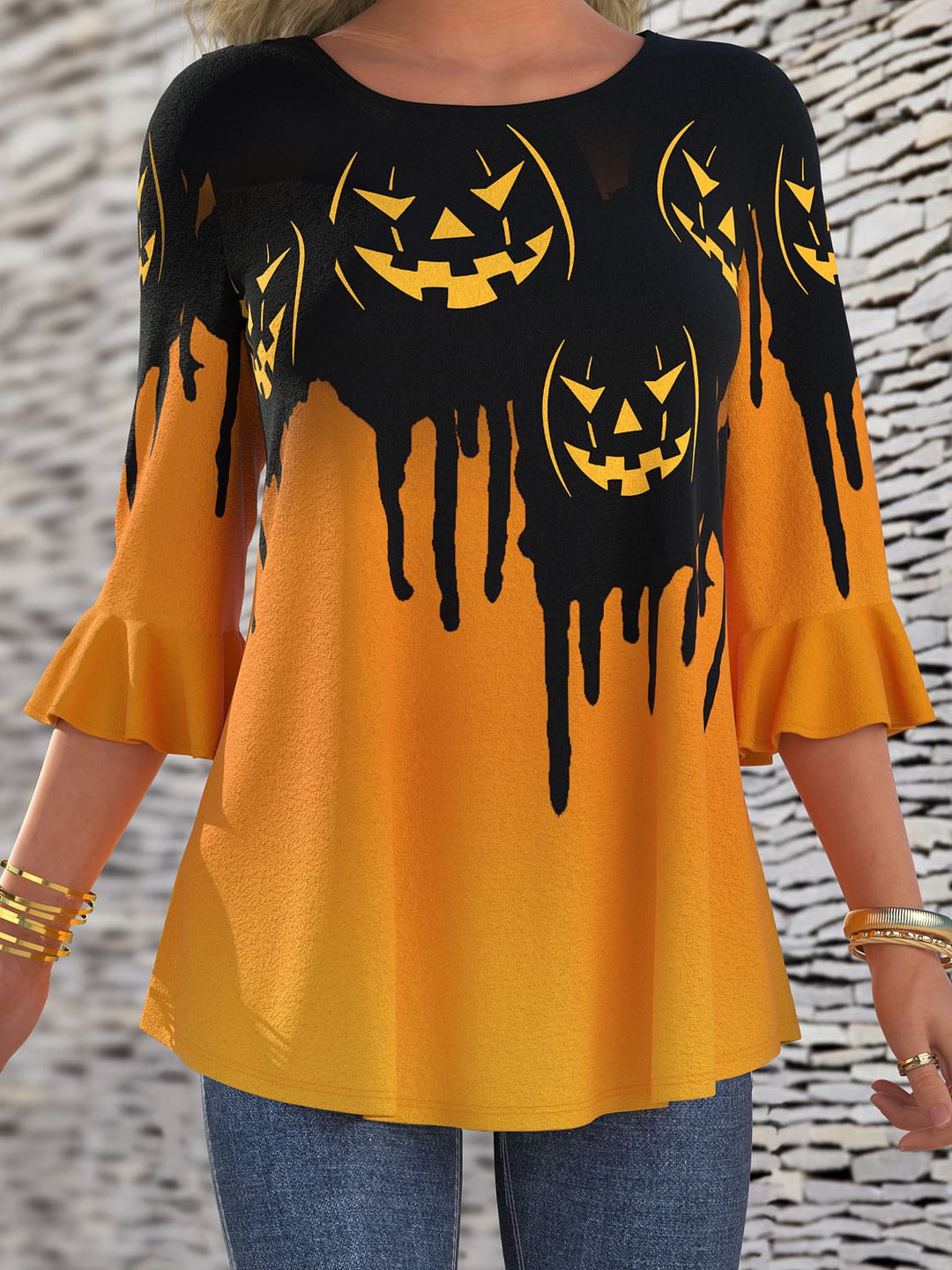 Halloween Pumpkin Print 3/4 Sleeve T Shirt