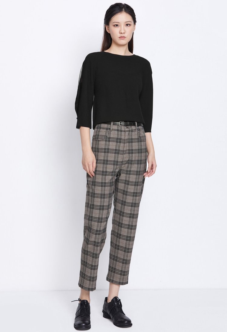 SDEER Retro belt plaid commuter loose cropped trousers