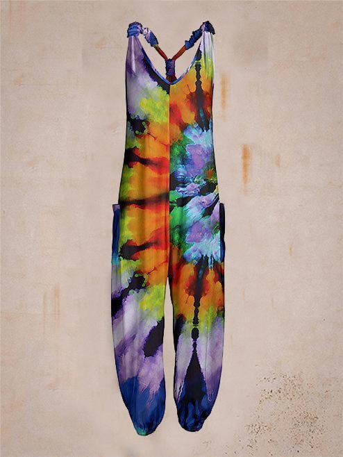 Women Summer Tie-dye Floral Pattern Sleeveless Harem Jumpsuit