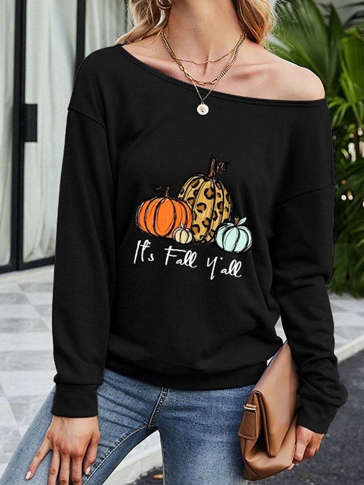 Halloween Printed Off-shoulder Long-sleeved Casual T-shirt Top-Mayoulove