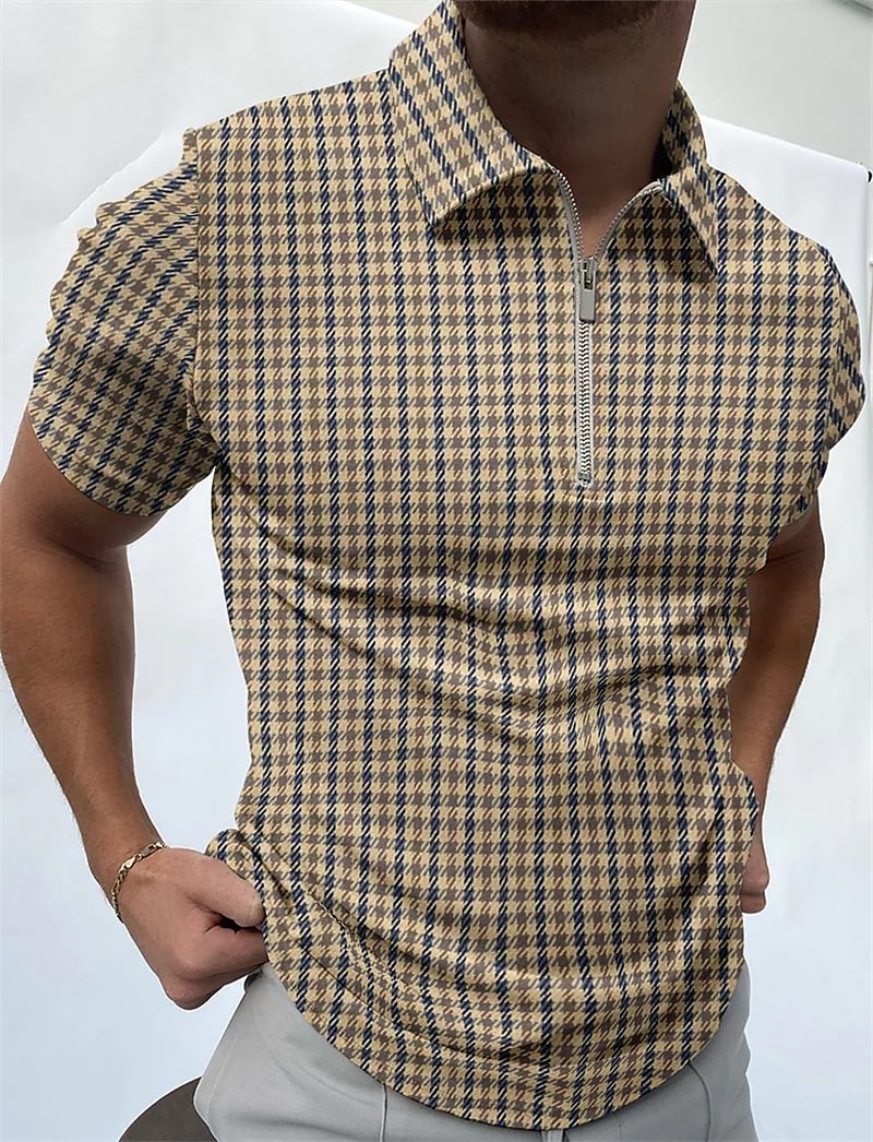 Yellow Plaid Summer Short Sleeve Zipper Men's Polo Shirts-VESSFUL