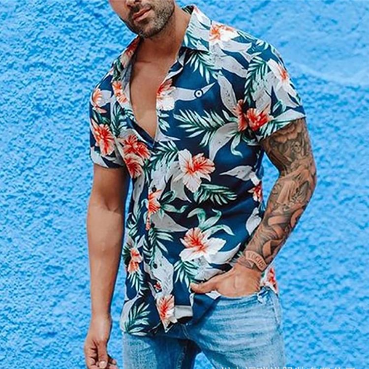 BrosWear Hawaiian Floral Print Short Sleeve Shirt blue
