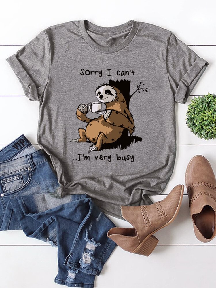 Animal Cartoon Sloth Print Short Sleeve O-neck Loose Casual T-shirt
