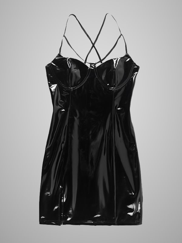 Hot Split V-neck Bodycon PU Goth Dress