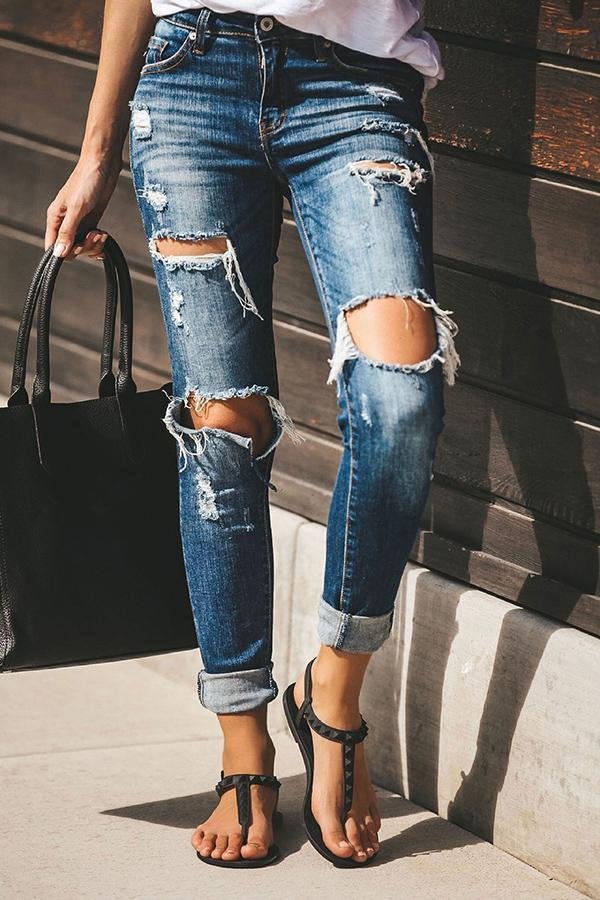 Womens Shredded Stretchy Slim-fit Jeans-Allyzone-Allyzone