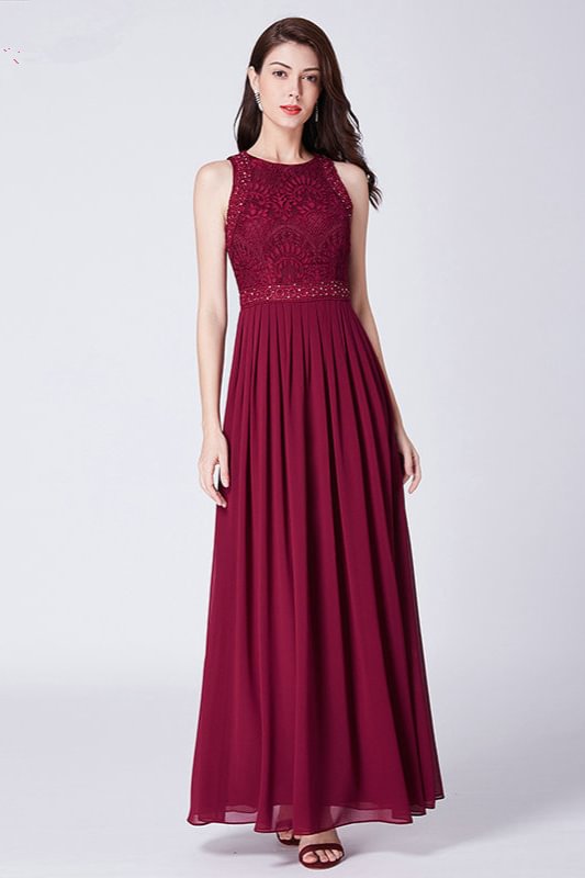 Burgundy Sleeveless Lace Long Chiffon Prom Dress