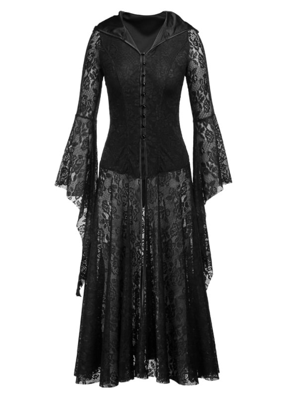 Goth Vintage Lace Up Bell Sleeve Buttoned Hooded Dress