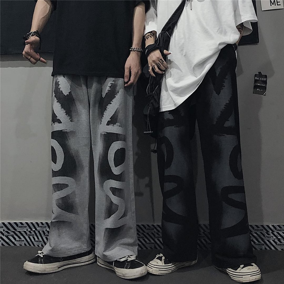 Dark Retro Splashed Ink Letter Print Couple Casual Pants