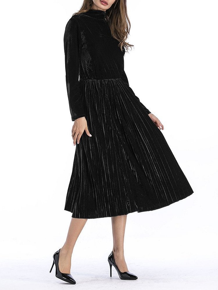 Women high collar pure black pleated dress