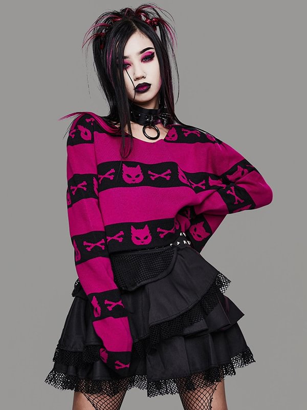 Gothic Dark College Style Stripes Color-block Cat Crew Collar Long Sleeve Crop Sweater