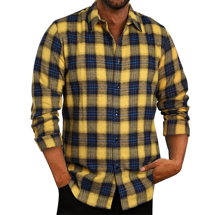 BrosWear Men's Colorblock Fine Check Casual Long Sleeve Shirt