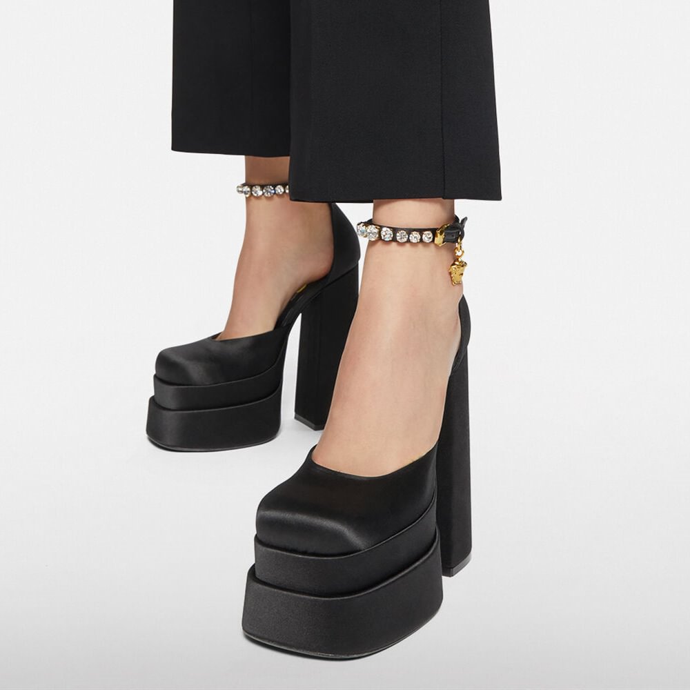 145mm Women's Platform Dress Pumps Ankle Strap Chunky Heels Medusa Silk Satin Square Toe Fashion Shoes-vocosishoes