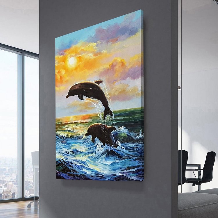 Ocean Sunset With Jumping Dolphins Duo Canvas Wall Art