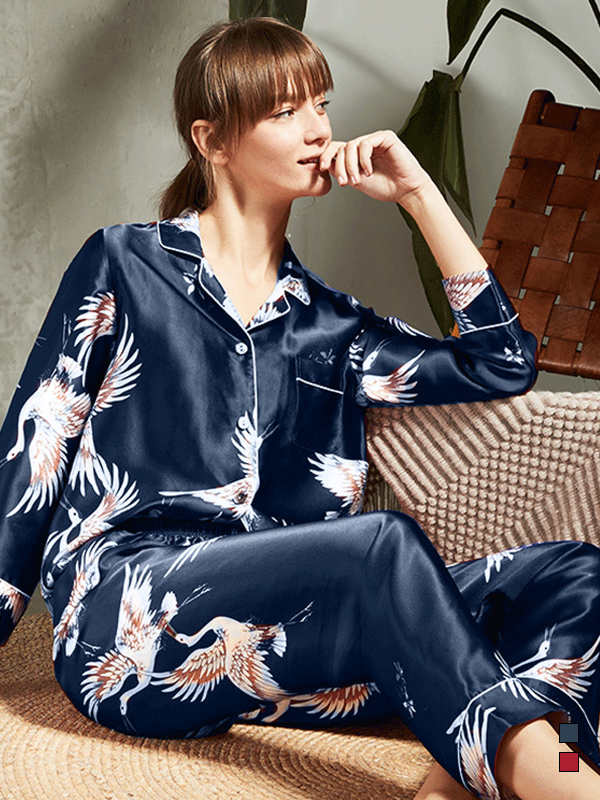 Luxury Crane Print Silk Pajamas For Women Blue