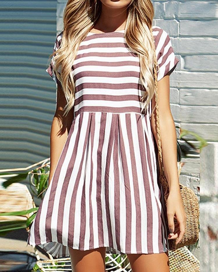 Striped Short Sleeve Casual Tunic Dress P15597
