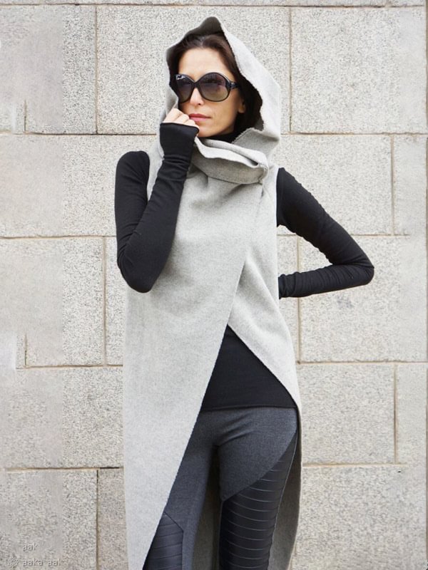 Solid Color Asymmetric Heaps Collar Hooded Sleeveless Vest Tops