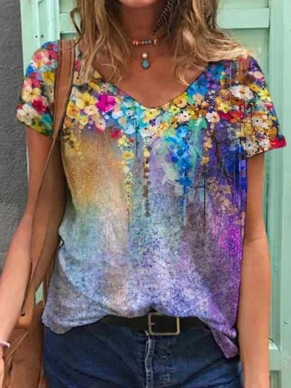 Women's Summer Colorful Flower Painting V Neck Short Sleeve Shirts & Tops